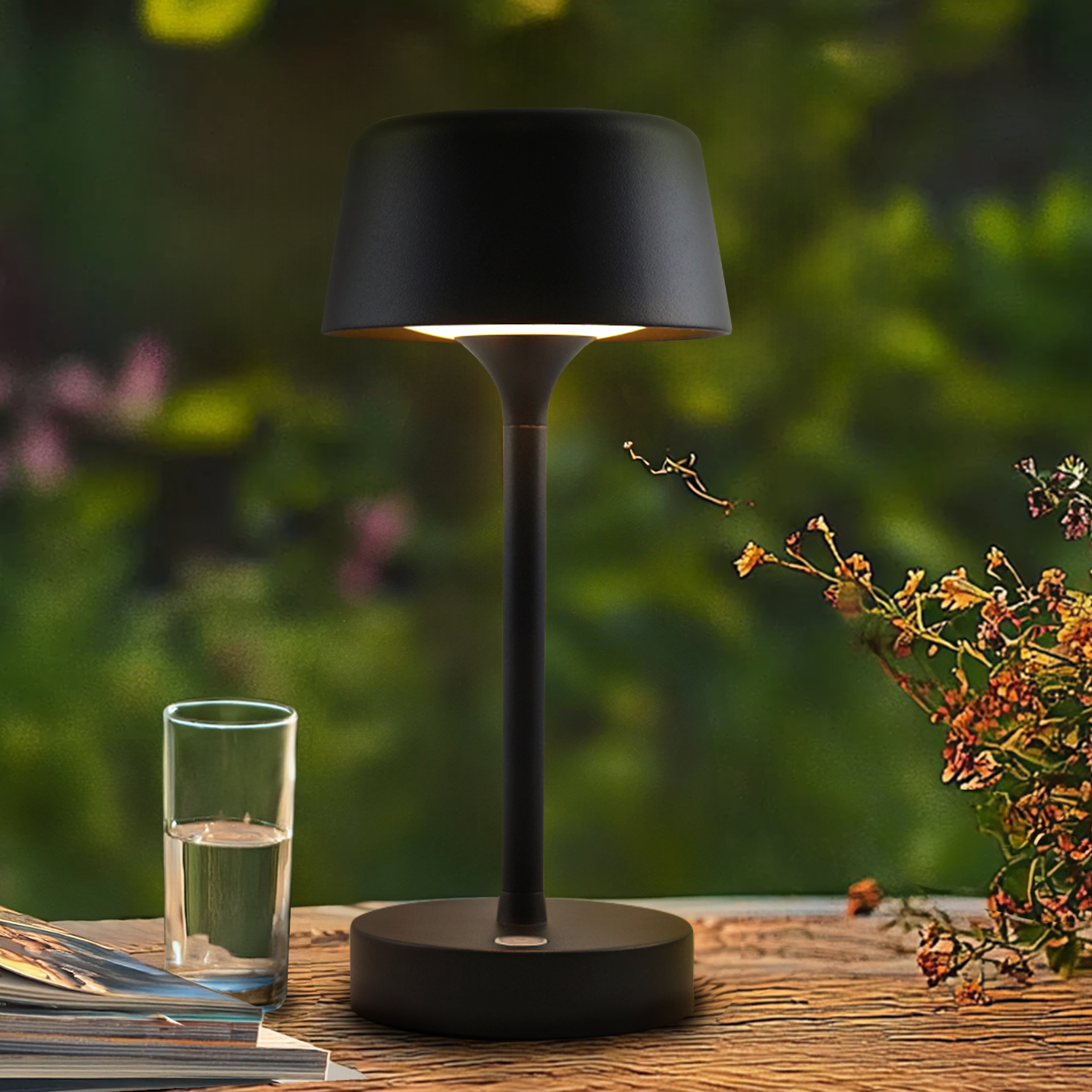 Moderne Außen Tischleuchte Schwarz, Emily, 3W, 3000K LED, IP44, 3-stufig dimmbar