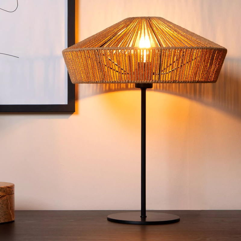 Rattan Tischleuchte Holz, Yunkai, mit Schalter