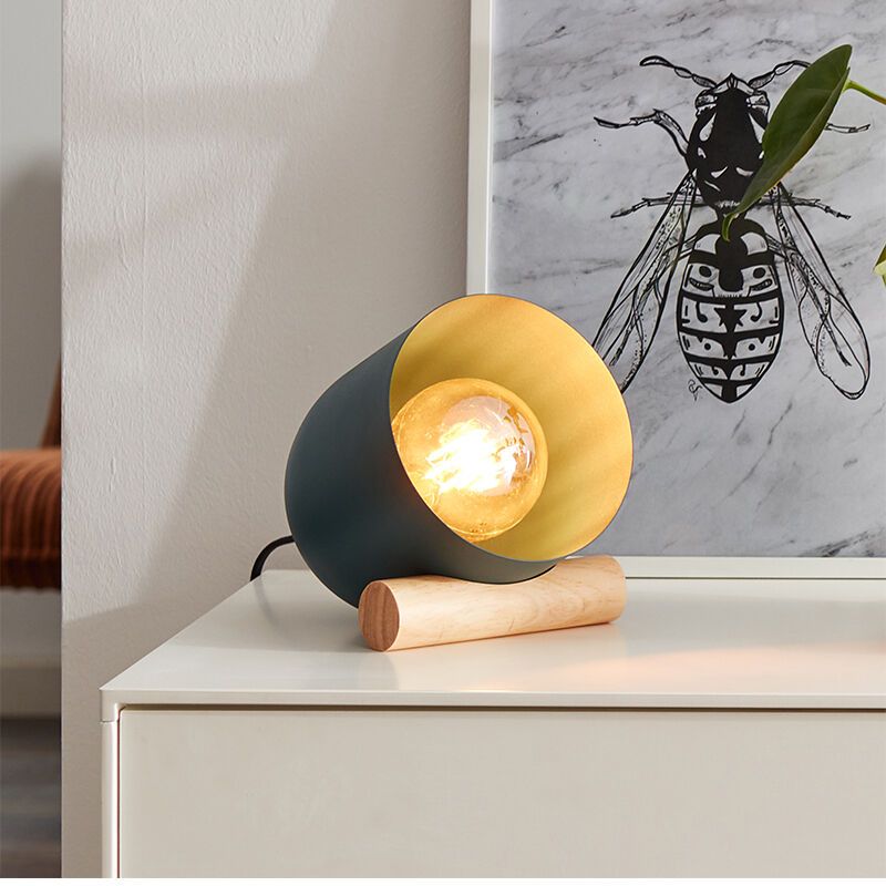 Holz Tischleuchte Blau, Riaz, mit Schalter