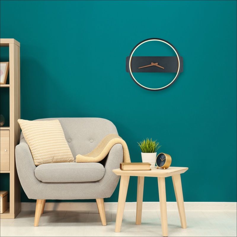 Schwarze design Wandleuchte mit Uhr, Sybe, 12W, 3000K LED