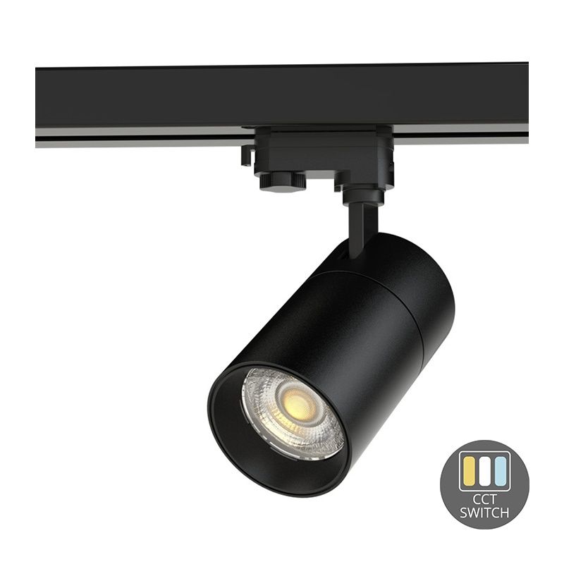Schwarzer 3-Phasen-LED-Schienenstrahler Rozina, 20W, weißer Schalter, dimmbar, Pro Schwarzer 3-Phasen-LED-Schienenstrahler Rozina, 20W, weißer Schalter, dimmbar, Pro