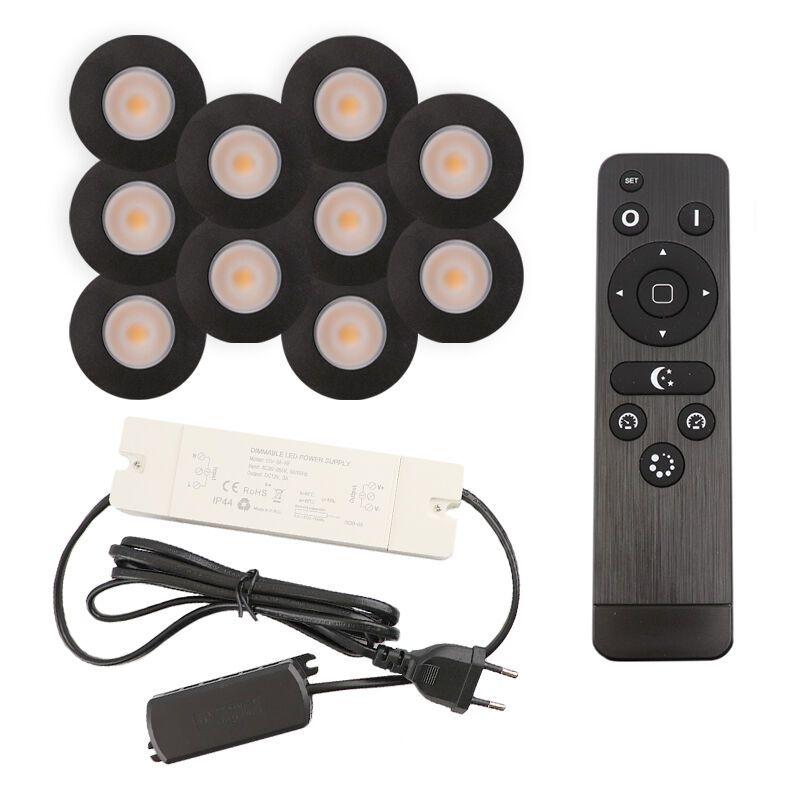 10 schwarze Einbaustrahler Terrassenüberdachung Dico, IP65, inkl. Anschlussset und Fernbedienung