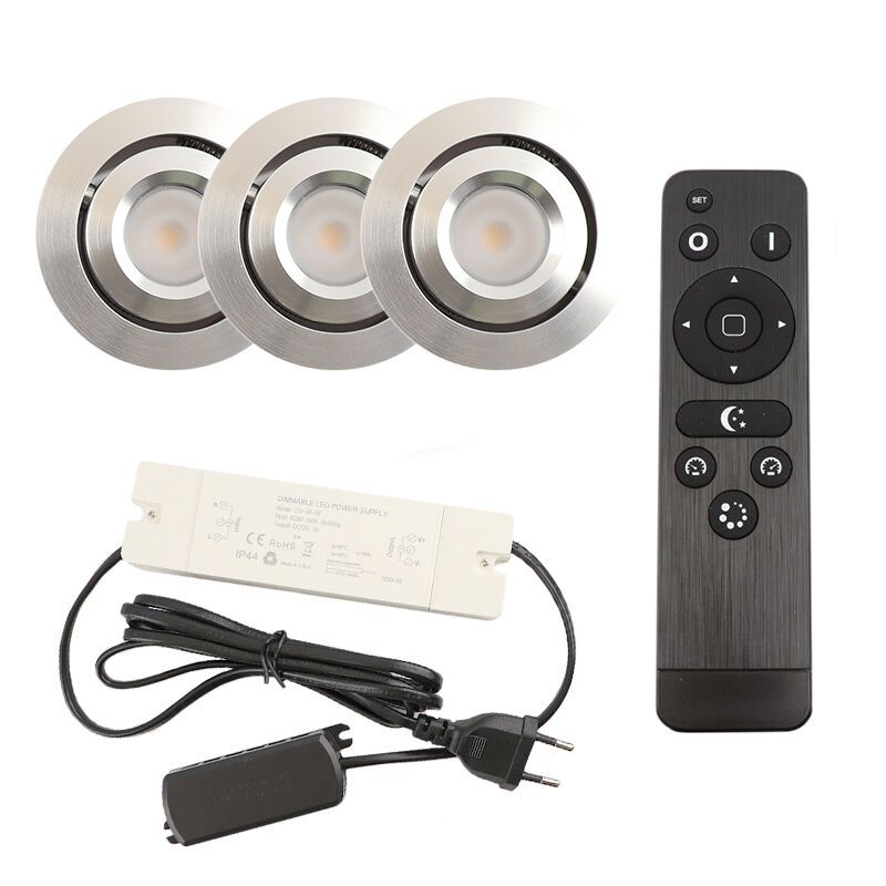 3 schwenkbare Einbaustrahler Terrassenüberdachung Rona, IP44, mit Anschlussset und Fernbedienung, Chrom