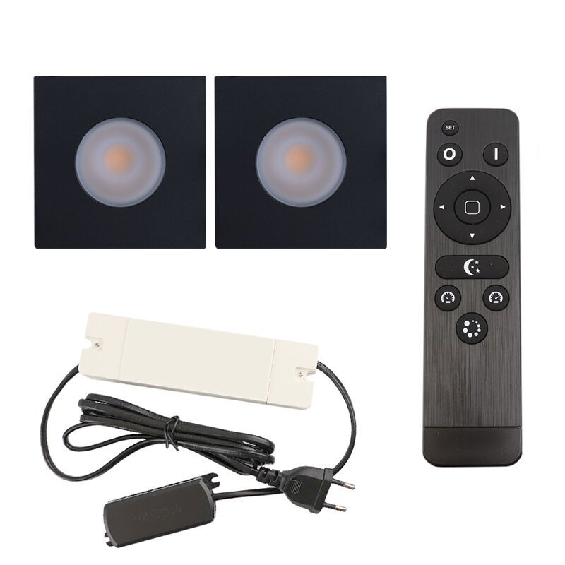 2 eckige schwarze Einbaustrahler Terrassenüberdachung Dico, IP65, inkl. Anschlussset und Fernbedienung