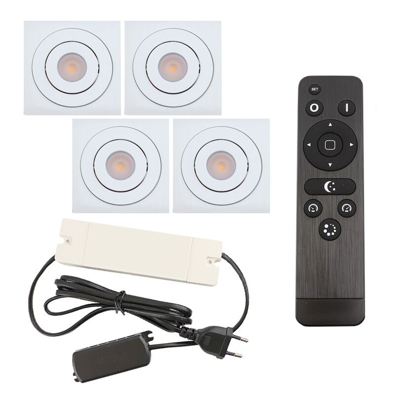 4 schwenkbare Einbaustrahler Terrassenüberdachung Rona eckig, IP44, mit Anschlussset und Fernbedienung, Weiß 4 schwenkbare Einbaustrahler Terrassenüberdachung Rona eckig, IP44, mit Anschlussset und Fernbedienung, Weiß