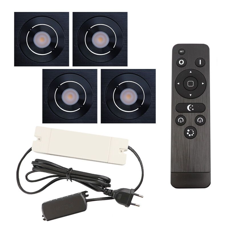 4 schwenkbare Einbaustrahler Terrassenüberdachung Rona eckig, IP44, mit Anschlussset und Fernbedienung, Schwarz 4 schwenkbare Einbaustrahler Terrassenüberdachung Rona eckig, IP44, mit Anschlussset und Fernbedienung, Schwarz