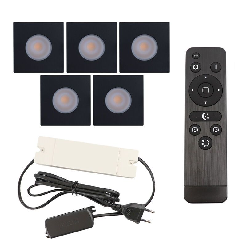 5 eckige schwarze Einbaustrahler Terrassenüberdachung Dico, IP65, inkl. Anschlussset und Fernbedienung 5 eckige schwarze Einbaustrahler Terrassenüberdachung Dico, IP65, inkl. Anschlussset und Fernbedienung