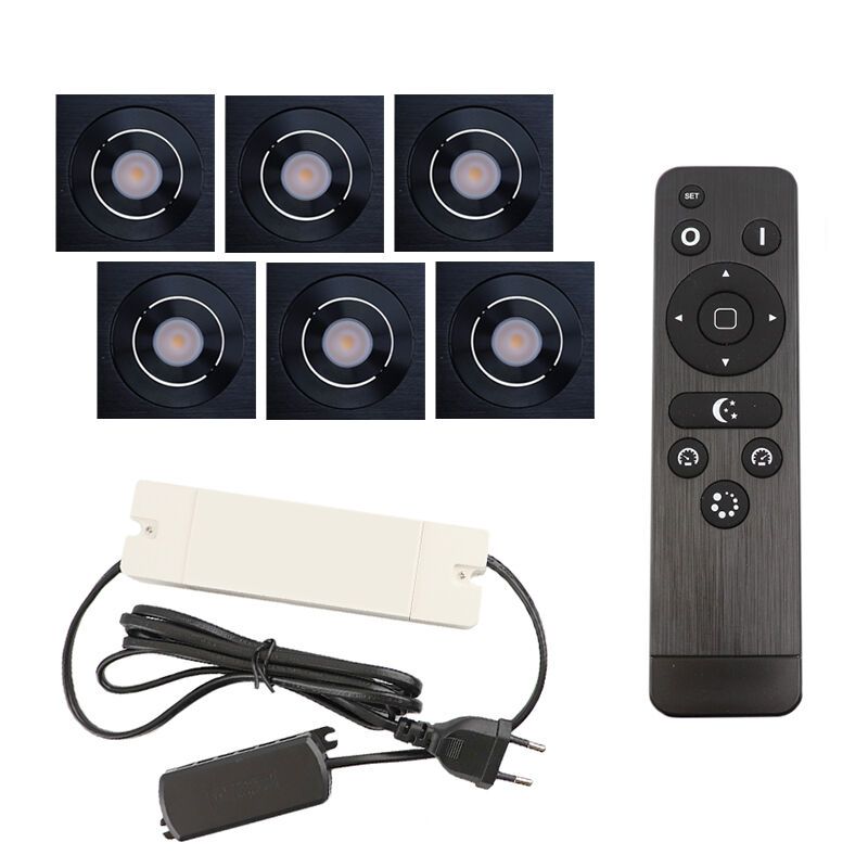 6 schwenkbare Einbaustrahler Terrassenüberdachung Rona eckig, IP44, mit Anschlussset und Fernbedienung, Schwarz 6 schwenkbare Einbaustrahler Terrassenüberdachung Rona eckig, IP44, mit Anschlussset und Fernbedienung, Schwarz