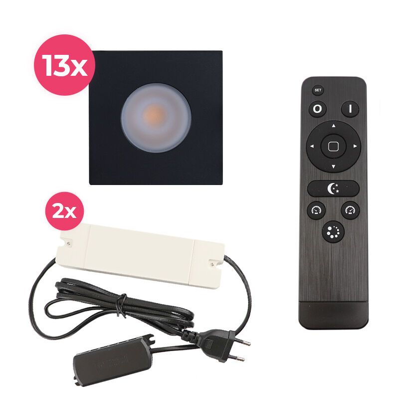 13 eckige schwarze Einbaustrahler Terrassenüberdachung Dico, IP65, inkl. Anschlussset und Fernbedienung