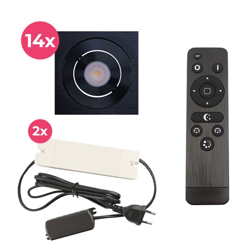 14 schwenkbare Einbaustrahler Terrassenüberdachung Rona eckig, IP44, mit Anschlussset und Fernbedienung, Schwarz 14 schwenkbare Einbaustrahler Terrassenüberdachung Rona eckig, IP44, mit Anschlussset und Fernbedienung, Schwarz