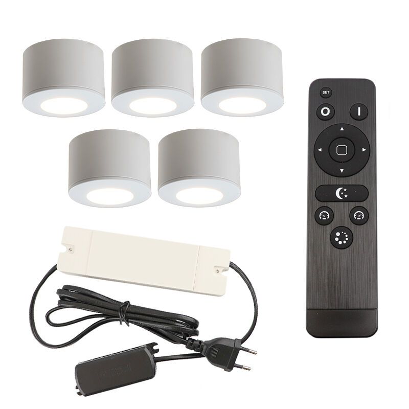 5 runde weiße Aufbaustrahler Terrassenüberdachung Vasso, IP44, inkl. Anschlussset und Fernbedienung 5 runde weiße Aufbaustrahler Terrassenüberdachung Vasso, IP44, inkl. Anschlussset und Fernbedienung