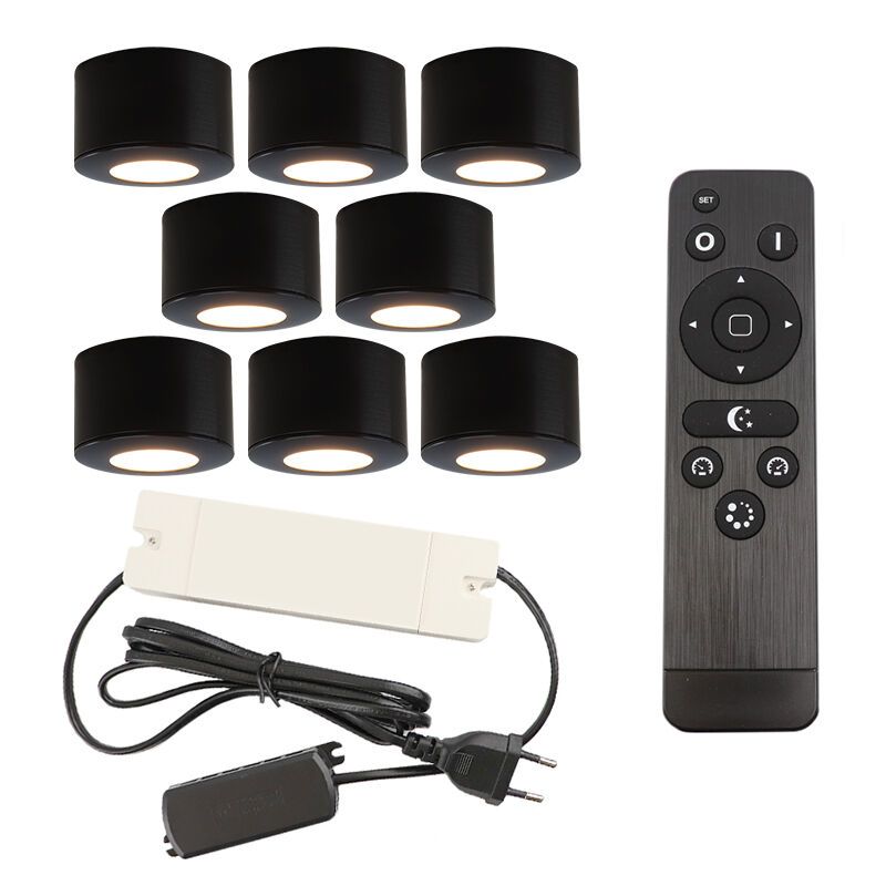 8 runde schwarze Aufbaustrahler Terrassenüberdachung Vasso, IP44, inkl. Anschlussset und Fernbedienung 8 runde schwarze Aufbaustrahler Terrassenüberdachung Vasso, IP44, inkl. Anschlussset und Fernbedienung