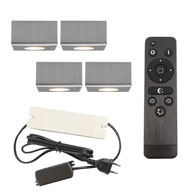 4 eckige chrom Aufbaustrahler Terrassenüberdachung Fredo, IP44, inkl. Anschlussset und Fernbedienung