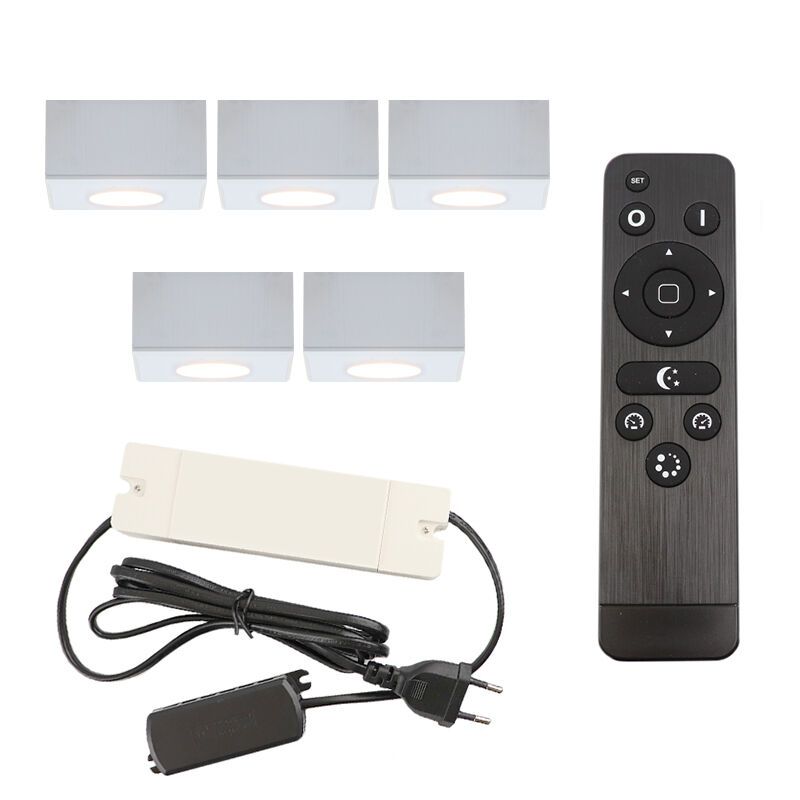 5 eckige weiße Aufbaustrahler Terrassenüberdachung Fredo, IP44, inkl. Anschlussset und Fernbedienung