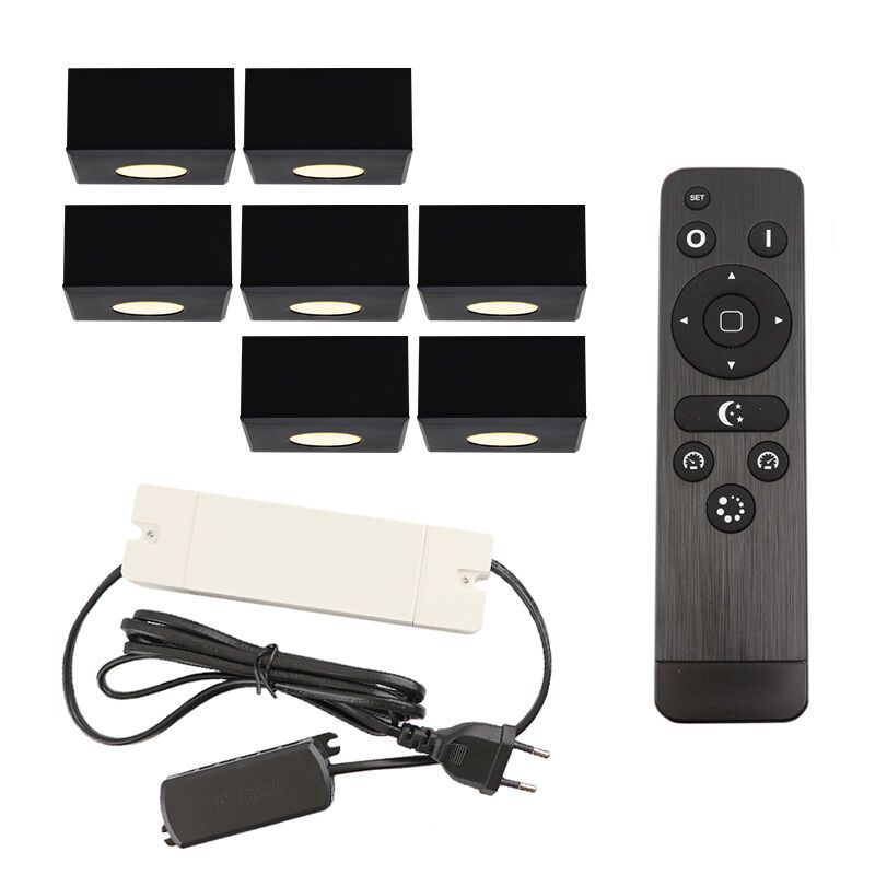 7 eckige schwarze Aufbaustrahler Terrassenüberdachung Fredo, IP44, inkl. Anschlussset und Fernbedienung