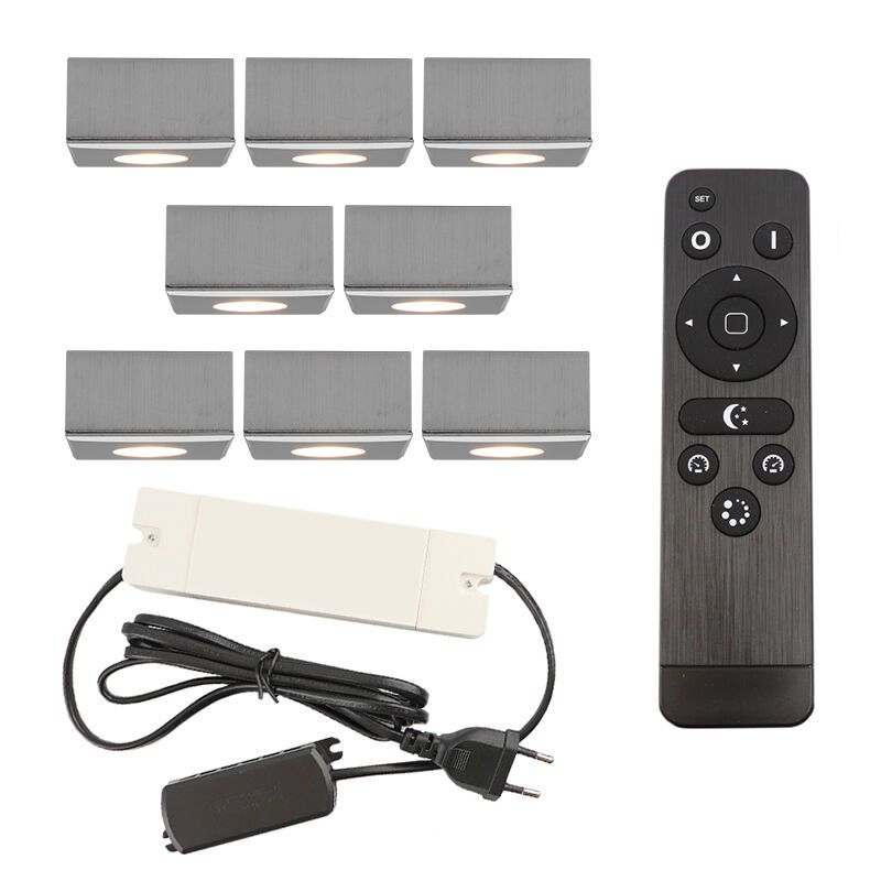 8 eckige chrom Aufbaustrahler Terrassenüberdachung Fredo, IP44, inkl. Anschlussset und Fernbedienung