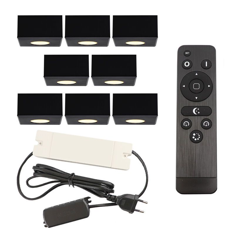 8 eckige schwarze Aufbaustrahler Terrassenüberdachung Fredo, IP44, inkl. Anschlussset und Fernbedienung