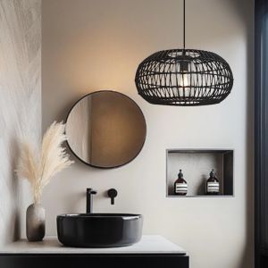 Rattan Pendelleuchte Badezimmer Schwarz, Emilio, IP44