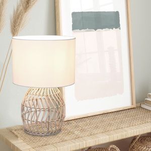 Rattan Tischleuchte Weiß, Symon, mit Schalter