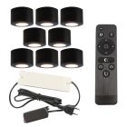 8 runde schwarze Aufbaustrahler Terrassenüberdachung Vasso, IP44, inkl. Anschlussset und Fernbedienung