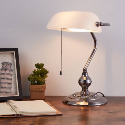 Nickel antik Bankerlampe Stahl, Lugco, mit Zugschalter