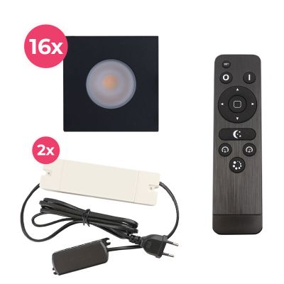 16 eckige schwarze Einbaustrahler Terrassenüberdachung Dico, IP65, inkl. Anschlussset und Fernbedienung