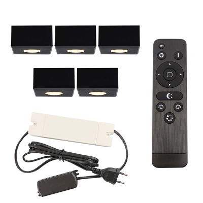 5 eckige schwarze Aufbaustrahler Terrassenüberdachung Fredo, IP44, inkl. Anschlussset und Fernbedienung