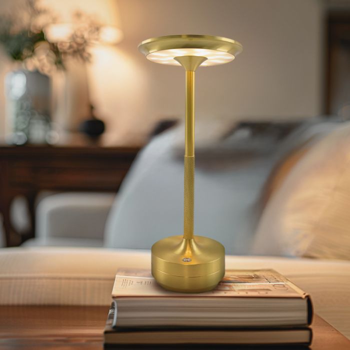 Moderne aufladbare Tischlampe Gold, Arvind, 3W, warm- bis kaltweiß einstellbare LED, mit Schalter