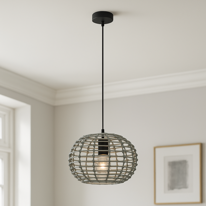 Rattan Pendelleuchte Grau, Roza