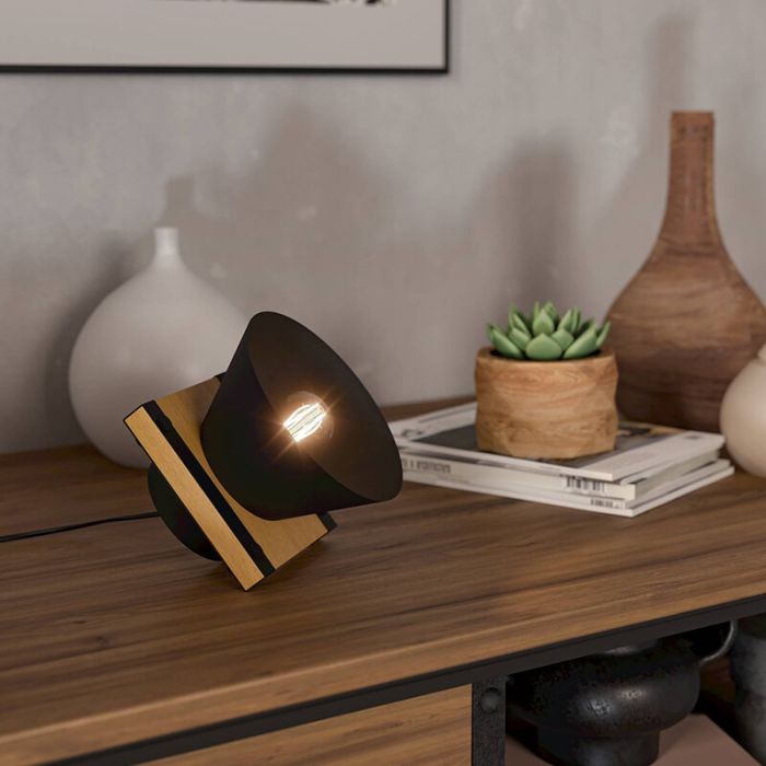 Schwarze retro Tischleuchte Holz, Juanita, mit Schalter