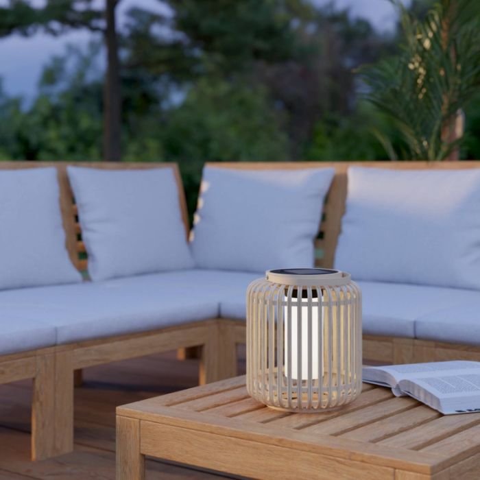 Braune Solar Außen Tischlampe Holz, Hanin, 3,3W, 4000K LED, IP44, mit Schalter
