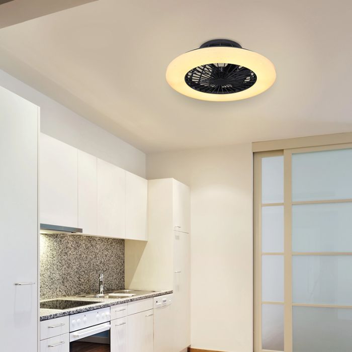 Schwarze moderne Deckenventilator Kunststoff, Joni, 40W, warm- bis kaltweiß einstellbare LED, mit Fernbedienung