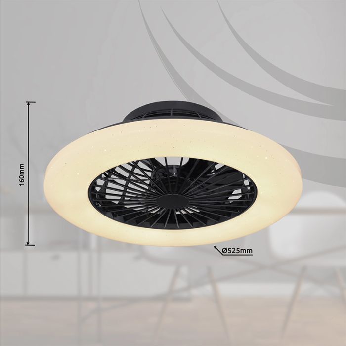 Schwarze moderne Deckenventilator Kunststoff, Joni, 40W, warm- bis kaltweiß einstellbare LED, mit Fernbedienung