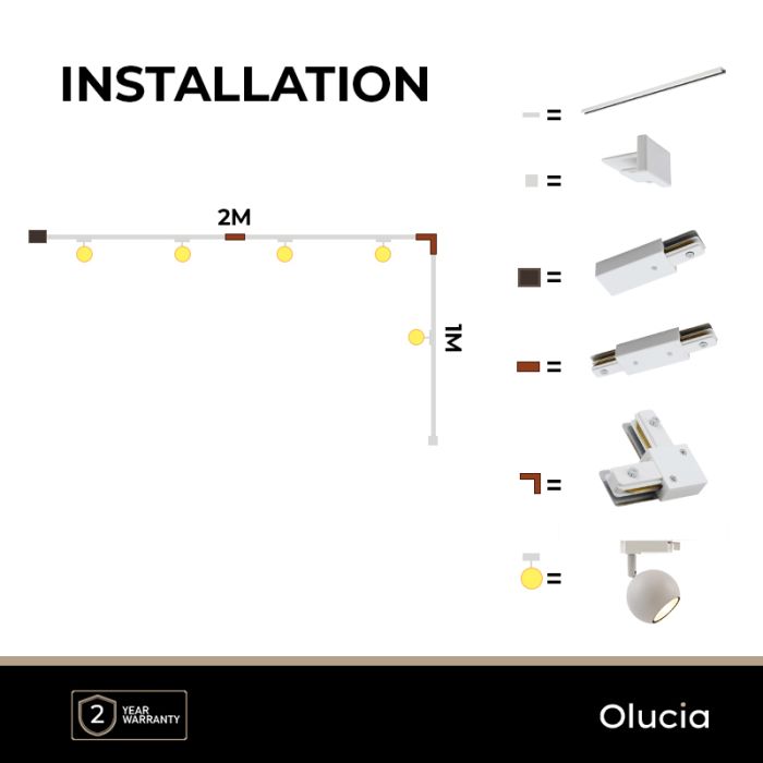 3M weißes 1 phase Schienenbeleuchtung System mit Ecke + 5 Alco Strahler