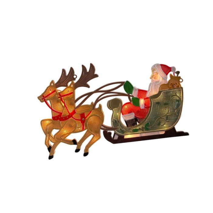 Weihnachtsmann mit Rentier- und Schlittenfenstersilhouette