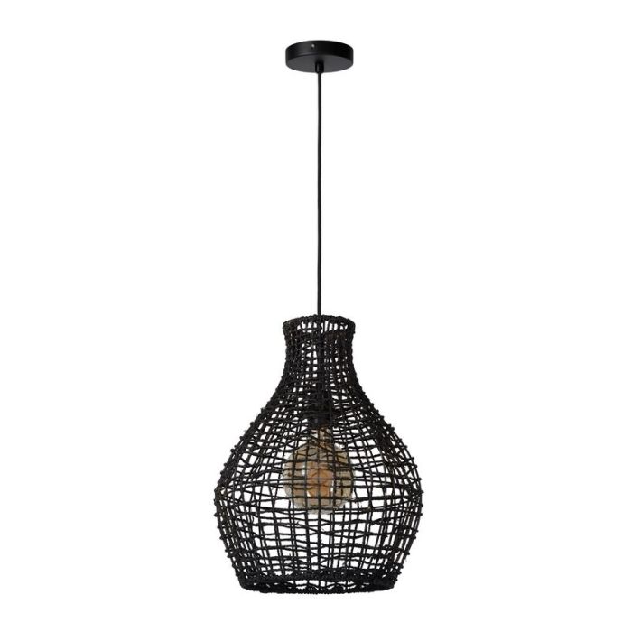 Schwarze Pendelleuchte Alban, Rattan, ländlich