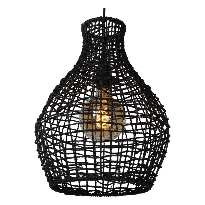 Schwarze Pendelleuchte Alban, Rattan, ländlich