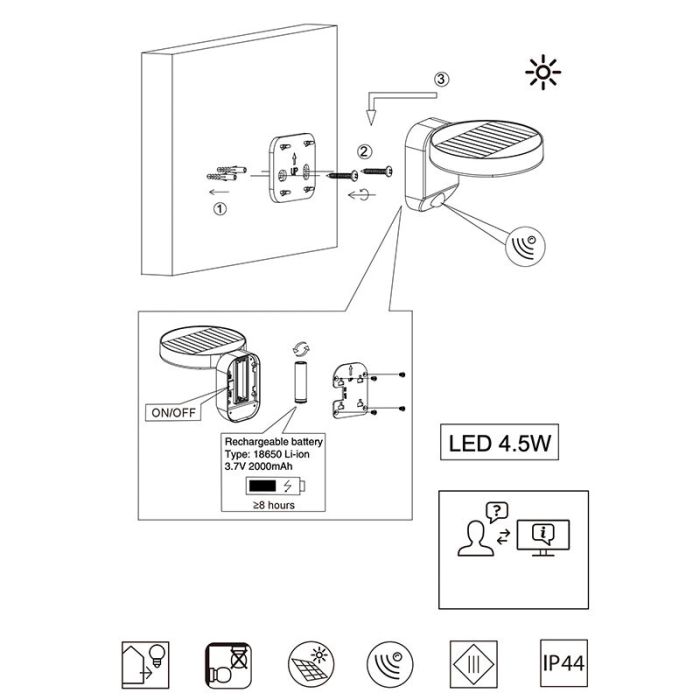 Anthrazit Außen Wandleuchte mit Bewegungsmelder Modern, Sunny, 4,5W, 3000K LED, IP44