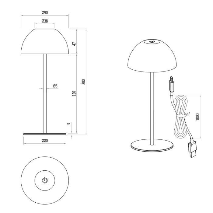 Schwarze aufladbare Tischlampe Kunststoff, Mikhail, 2W, 3000K LED, IP44, mit Touch-Dimmer