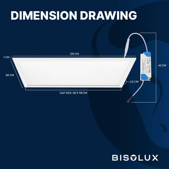 Bisolux LED Panel 120x60 - 60W - 3000K - UGR<19 - Side-lit