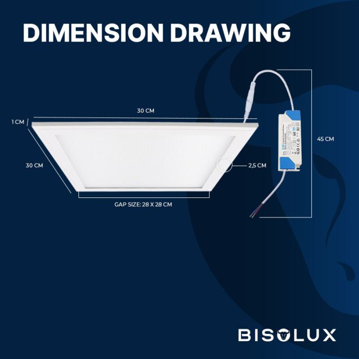 Bisolux LED Panel 30x30 - 12W - 3000K - Dimmbar - UGR<19 - Side-lit