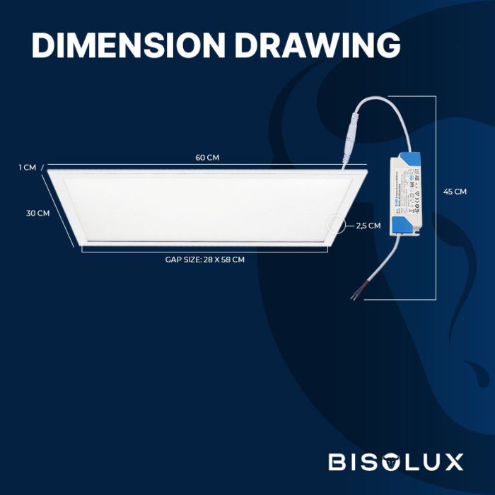 Bisolux LED Panel 60x30 - 24W - 3000K - Dimmbar - UGR<19 - Side-lit